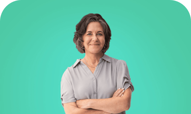 Confident woman standing with crossed arms. Actor portrayals.